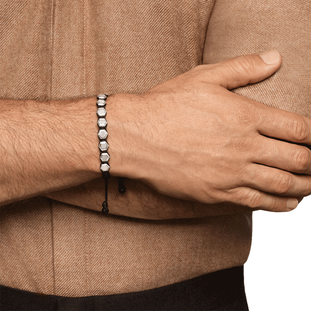 David Yurman Faceted Woven Bracelet Sterling Silver with Black Nylon and Black Onyx, 8mm