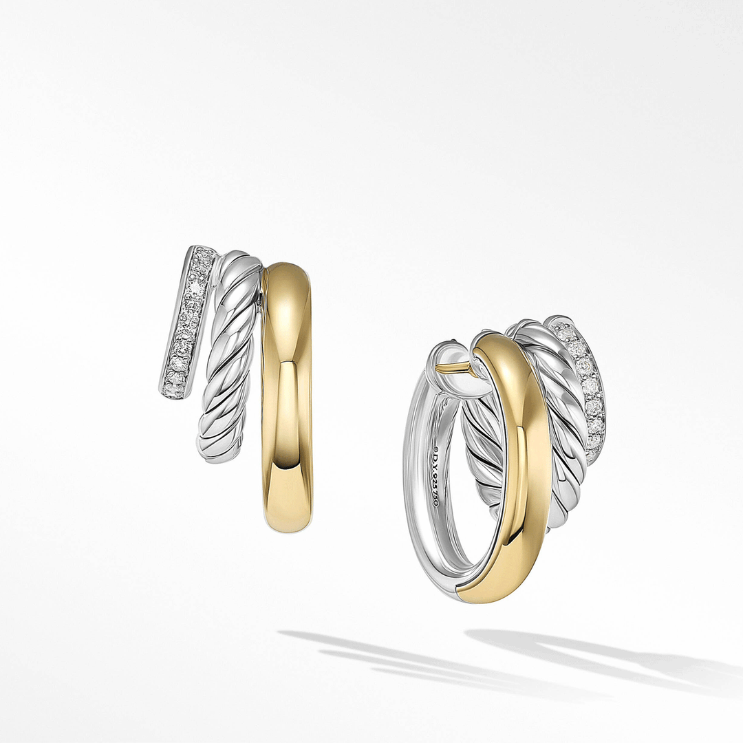 David Yurman DY Mercer Multi Hoop Earrings Sterling Silver with 18K Yellow Gold and Diamonds, 21mm