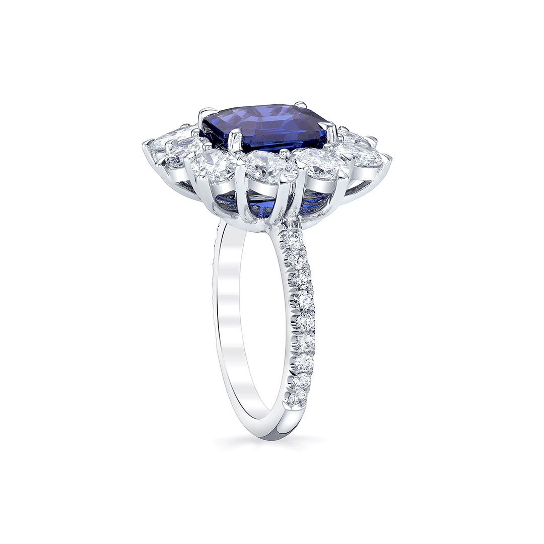 Platinum Emerald Cut Sapphire 4.06 Total Weight and Diamond Ring