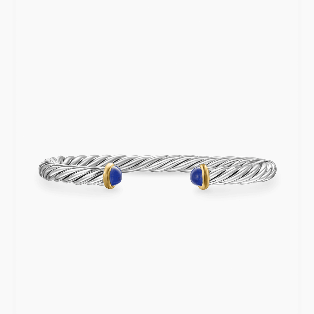 David Yurman Cable Cuff Bracelet Sterling Silver with 14k Yellow Gold and Lapis, 6mm