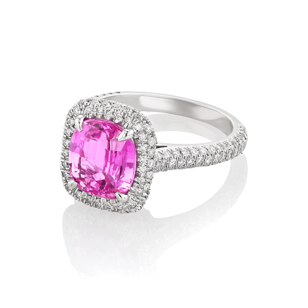 18k White Gold and 3.94 Total Weight Cushion Pink Sapphire Ring