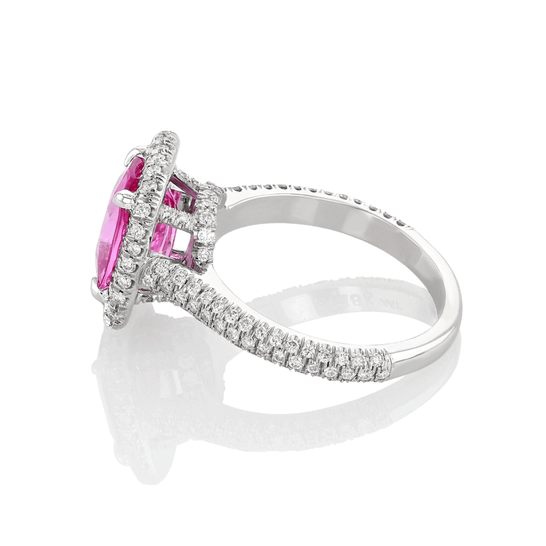18k White Gold and 3.94 Total Weight Cushion Pink Sapphire Ring