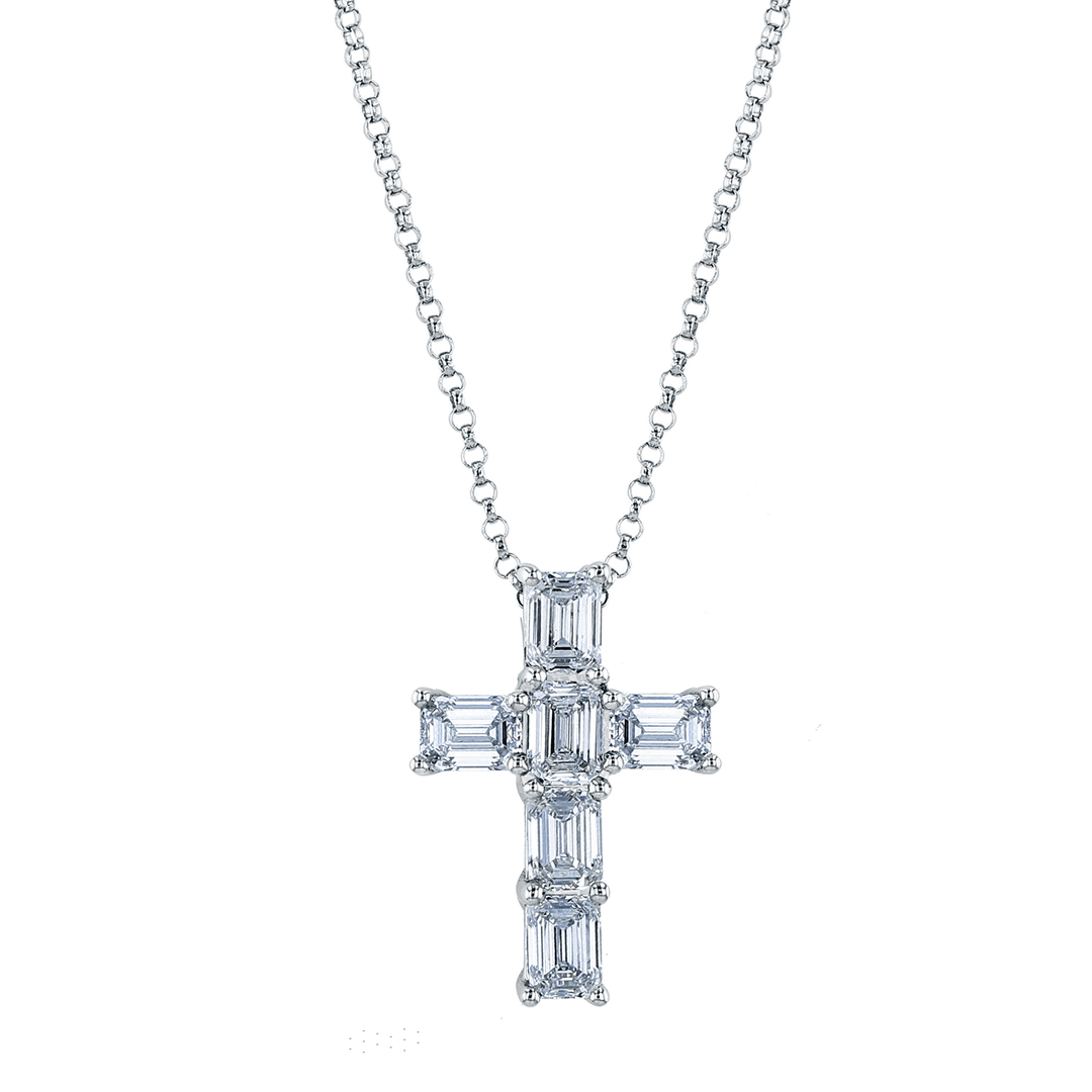 18k Gold and Emerald Cut Diamond 1.42 Total Weight Cross Pendant