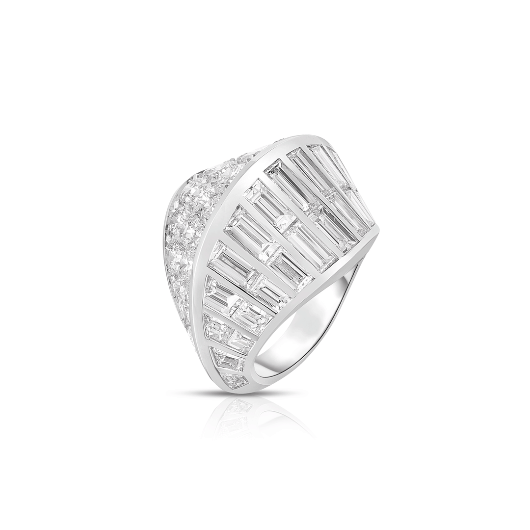 Platinum Round and Baguette Diamond 9.57 Total Weight Dome Ring