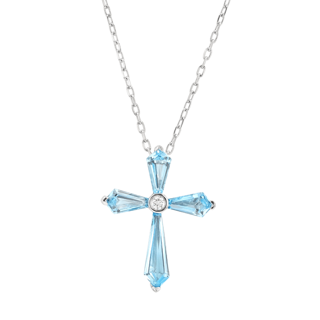 18k Gold and Blue Topaz 3.10 Total Weight Cross Pendant
