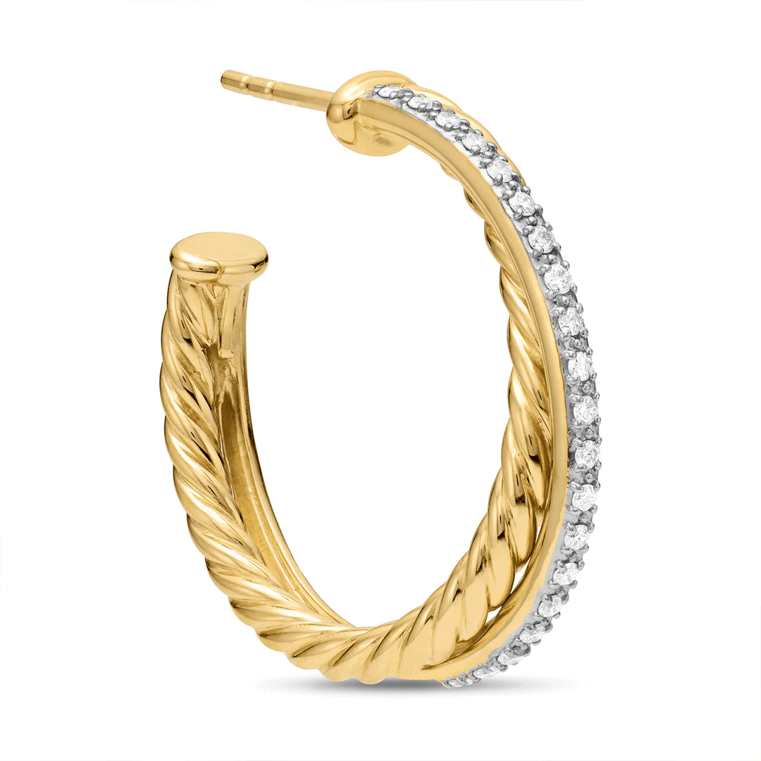 David Yurman Crossover Hoop Earrings 18K Yellow Gold with Diamonds, 26.5mm