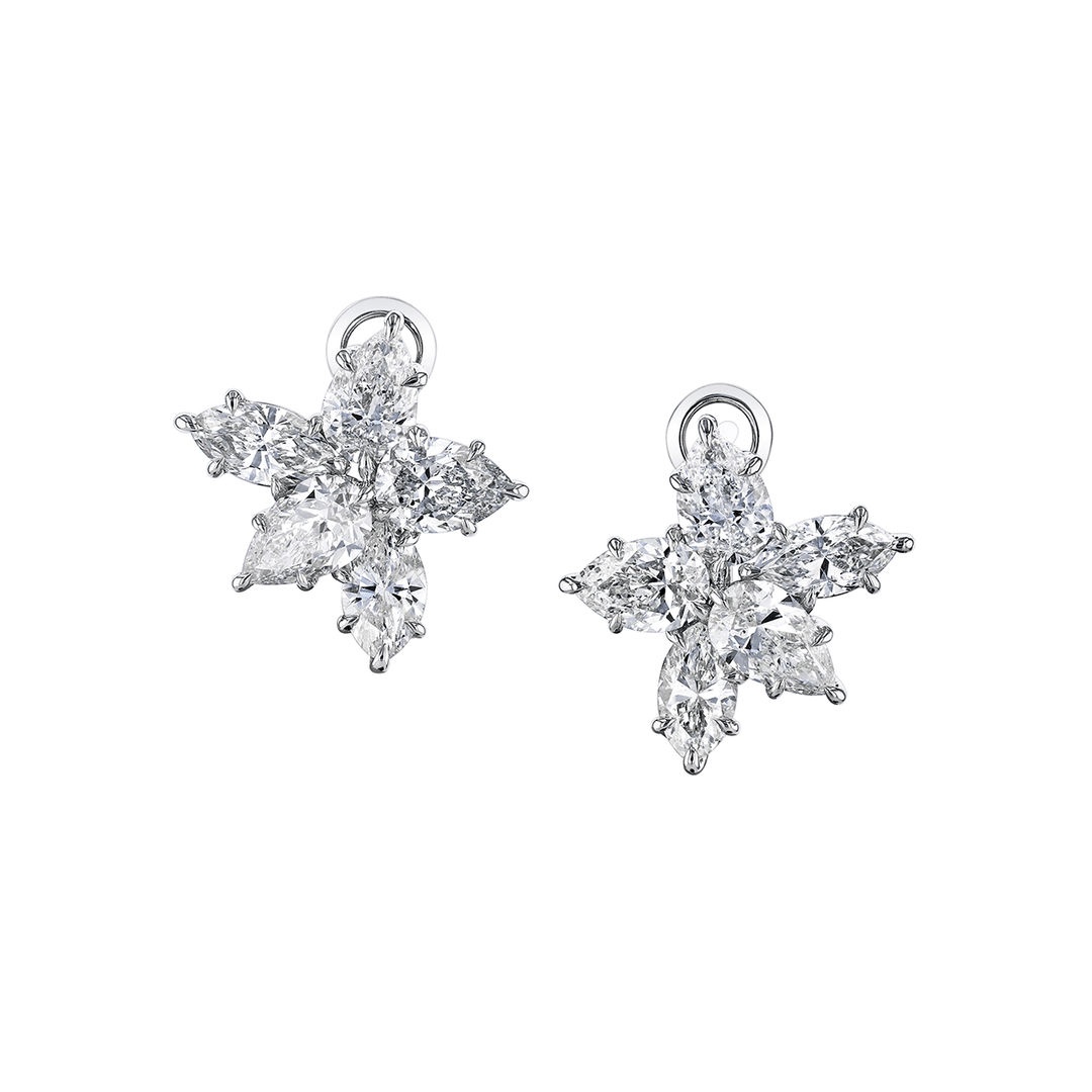 Platinum Pear and Marquise Shape Diamond 4.59 Total Weight Cluster Earrings