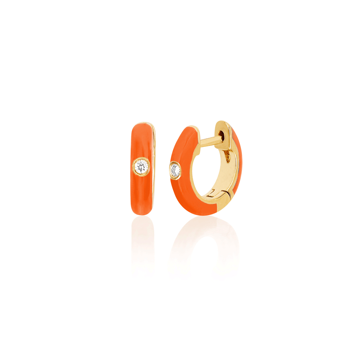 14k Gold and Orange Enamel Huggie Earrings