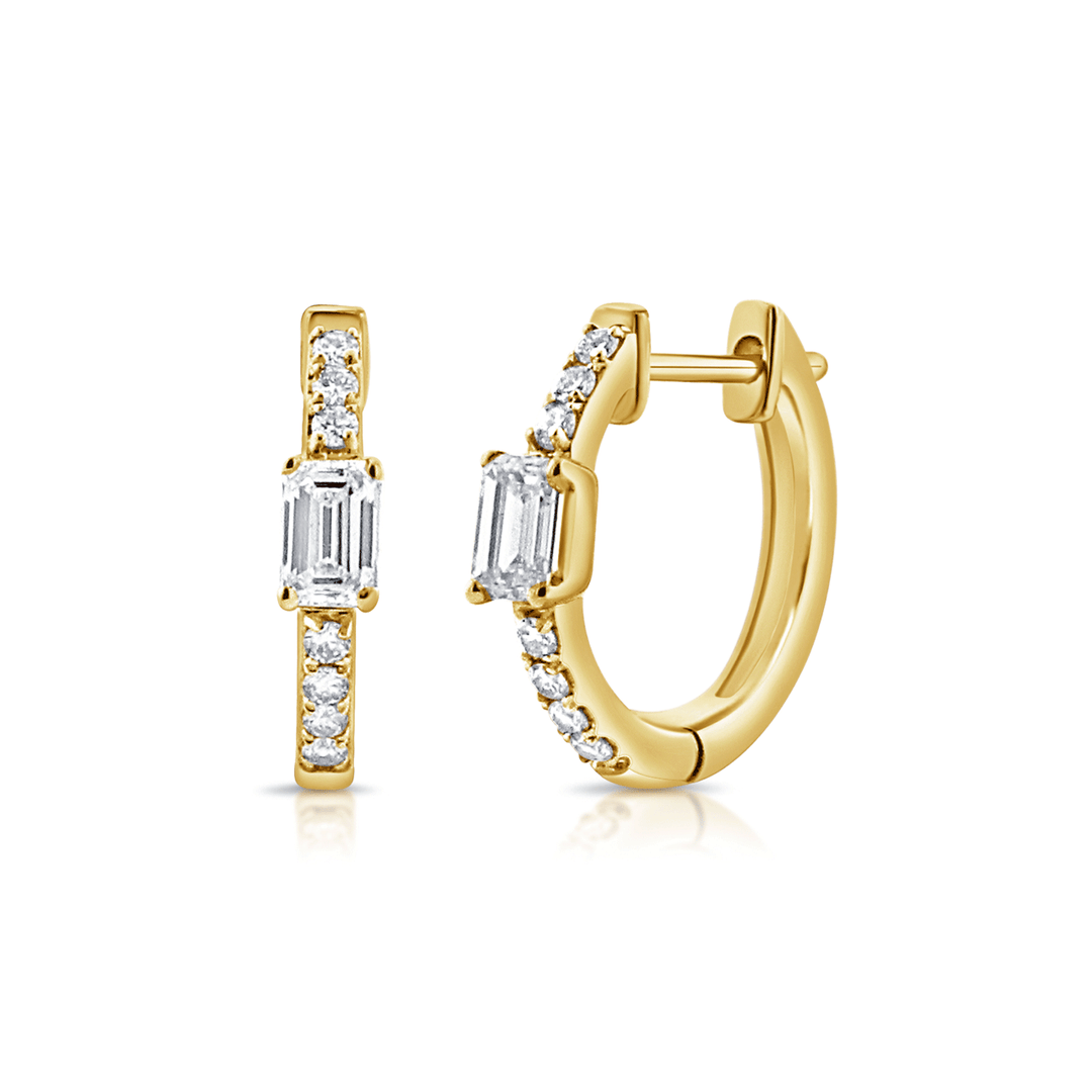 4k Yellow Gold Round and Emerald Cut Diamond Hoops