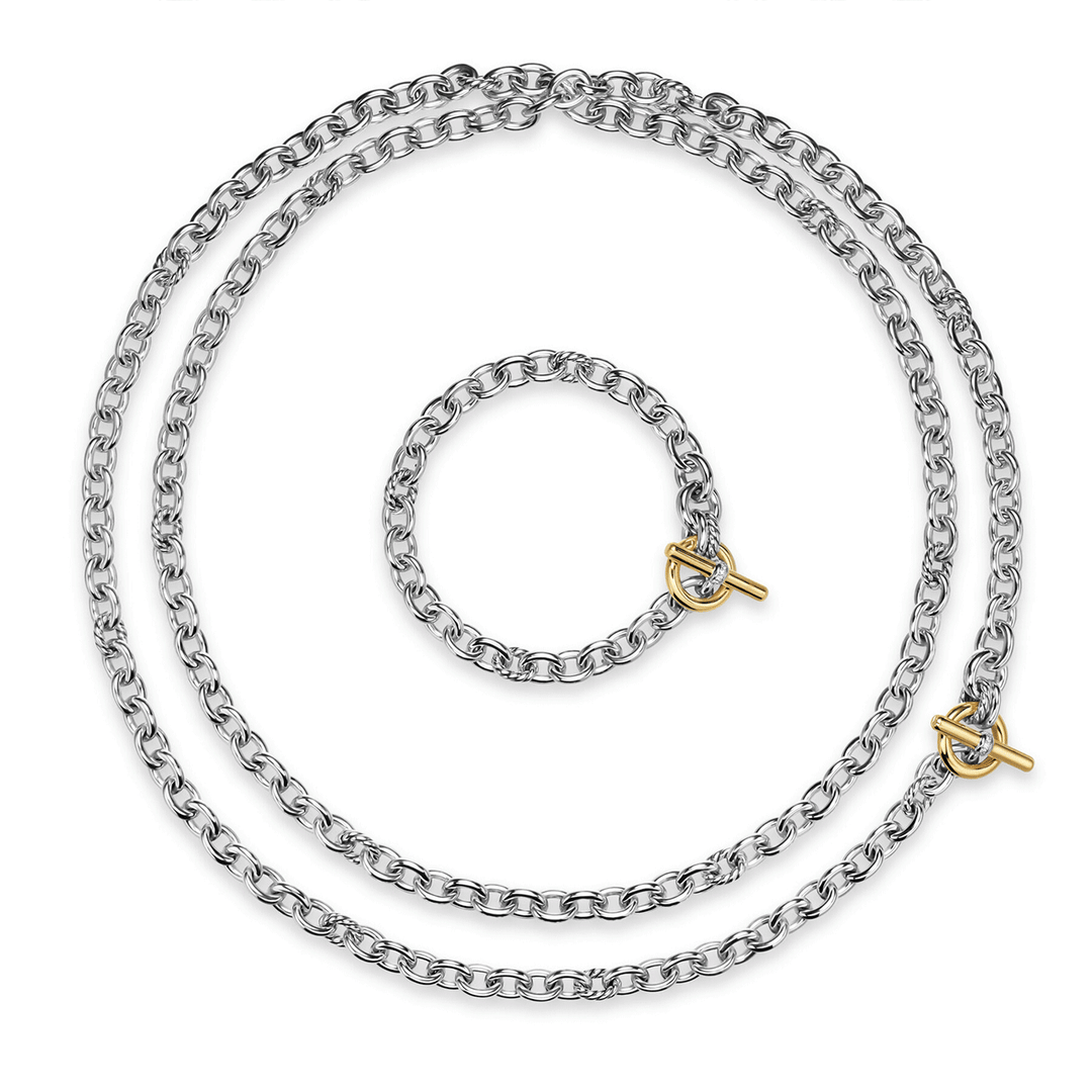 David Yurman Mercer Convertible Chain Necklace Sterling Silver with 18k Yellow Gold and Diamonds, 8mm
