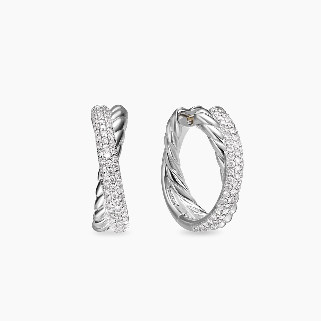 David Yurman Crossover Hoop Earrings Sterling Silver with Diamonds, 22.4mm