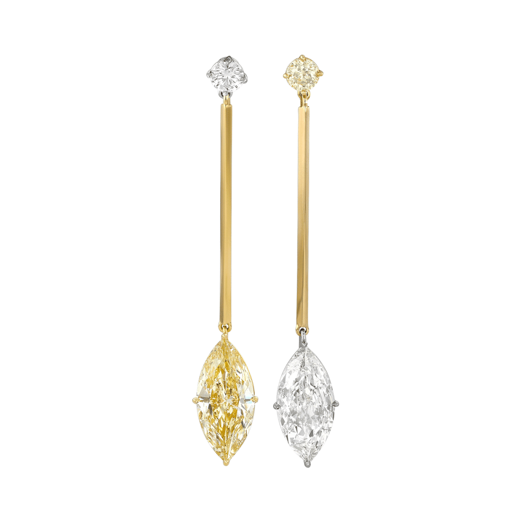 Platinum and 18k Gold Marquise Shape Fancy Yellow and White Diamond Drop Earrings
