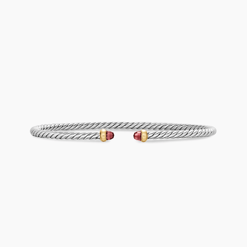David Yurman Micro Cable Flex Bracelet Sterling Silver with 14k Yellow Gold and Rhodolite Garnets, 2.6mm