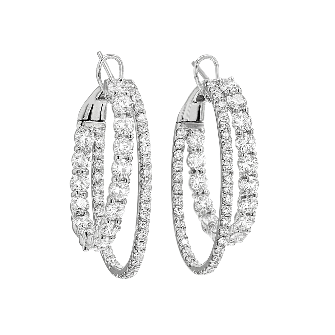 18k White Gold Two Row 5.52 Total Weight Diamond Hoops