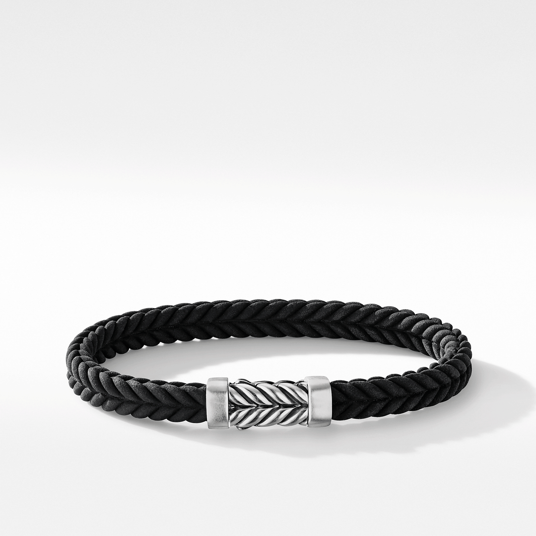 David Yurman Chevron Bracelet Black Rubber with Sterling Silver, 6mm