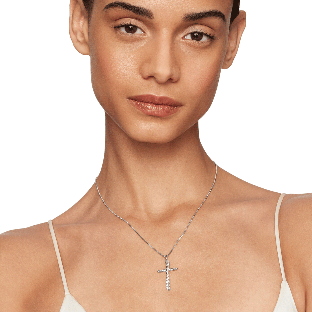 David Yurman Crossover Cross Necklace Sterling Silver with Diamonds, 35.6mm