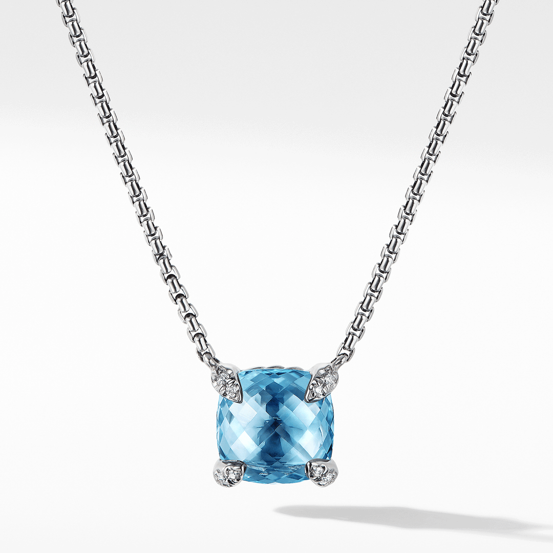 David Yurman Petite Chatelaine Pendant Necklace Sterling Silver with Blue Topaz and Diamonds, 9mm