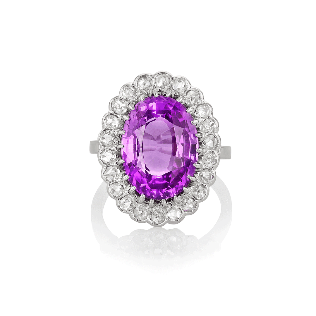 Platinum and Purple Pink Sapphire 9.28 Total Weight and Diamond Ring