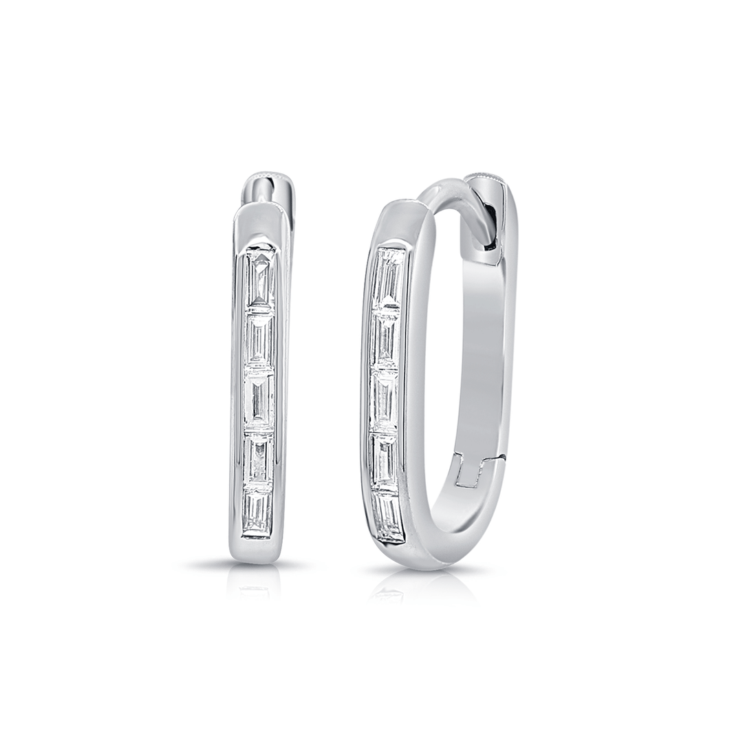 14k White Gold and 0.12 Total Weight Baguette Diamond Hoops