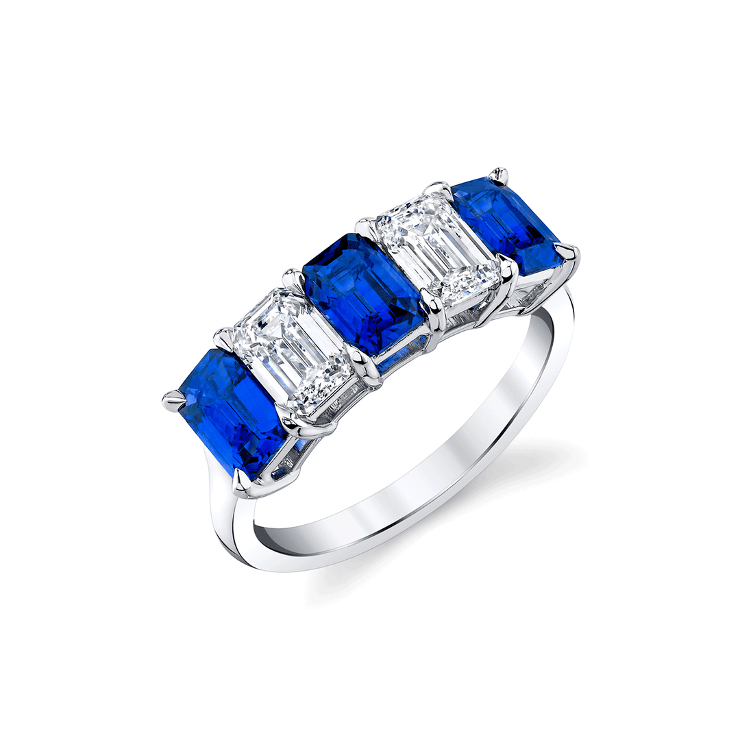 Platinum 1.06 Total Weight Emerald Cut Sapphire and Diamond 5 Stone Band