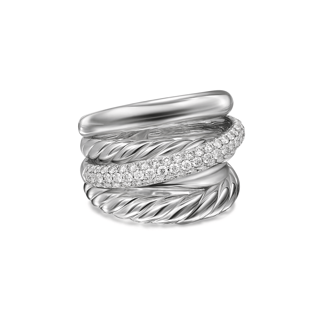 David Yurman Crossover Five Row Ring Sterling Silver with Diamonds, 17.5mm