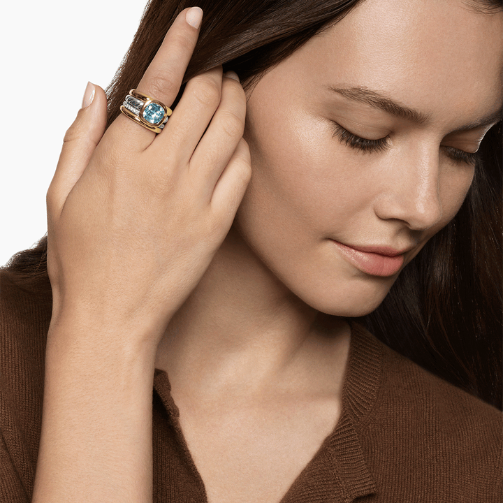 David Yurman Mercer Four Row Stone Ring Sterling Silver with 18K Yellow Gold, Sky Blue Topaz and Diamonds, 14mm