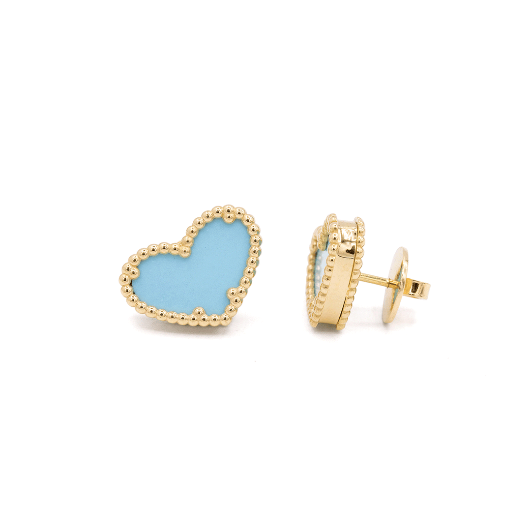 1970's 18k Gold Turquoise Heart Shape Earrings