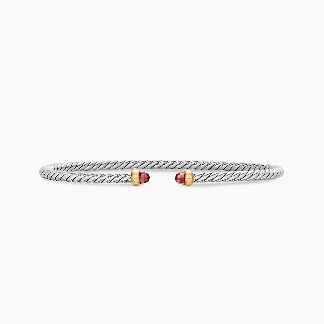 David Yurman Micro Cable Flex Bracelet Sterling Silver with 14k Yellow Gold and Rhodolite Garnets, 2.6mm