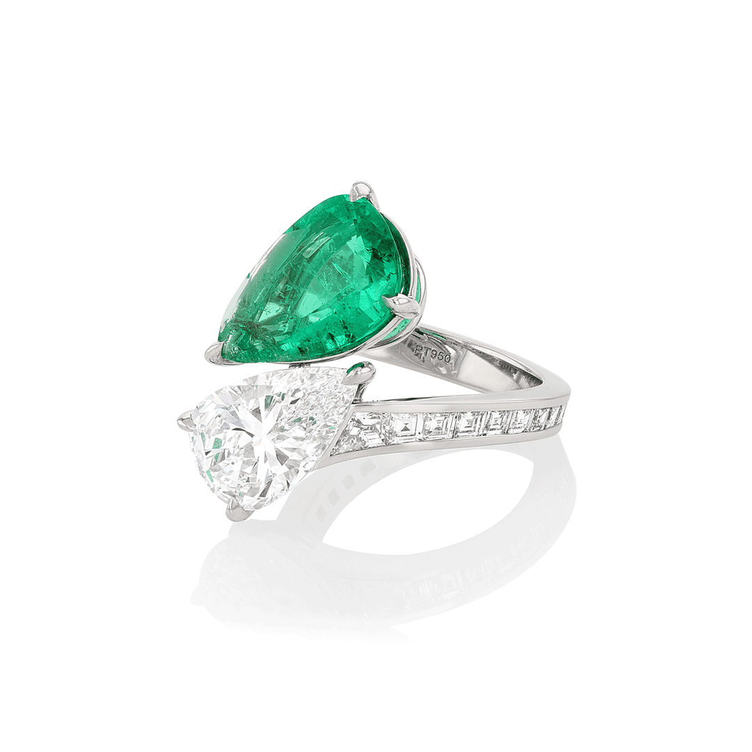 Platinum Pear Shape Emerald 3.54 Total Weight and Diamond By Pass Ring
