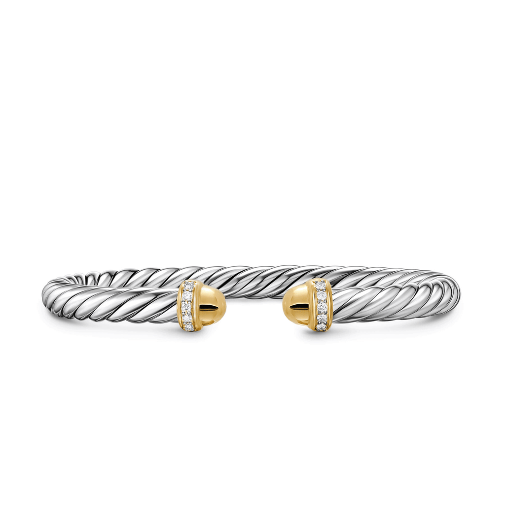 David Yurman Cable Flex Bracelet Sterling Silver with 14k Yellow Gold Domes and Diamonds, 6mm
