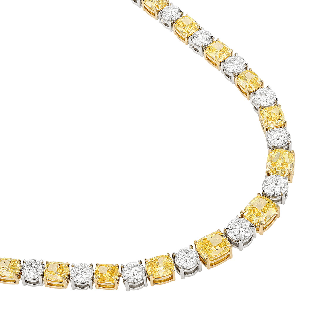 Platinum 18k Gold and Fancy Yellow Cushion Cut 21.86 Total Weight Necklace