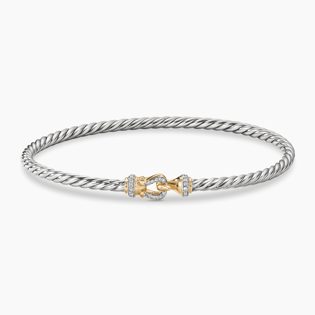 David Yurman Buckle Classic Cable Bracelet Sterling Silver with 18K Yellow Gold and Diamonds, 3mm