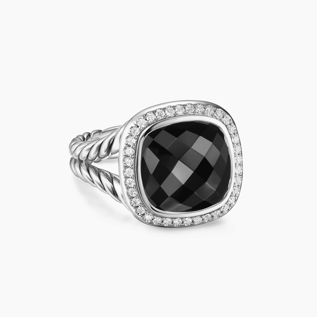 David Yurman Albion Ring Sterling Silver with Black Onyx and Diamonds, 11mm