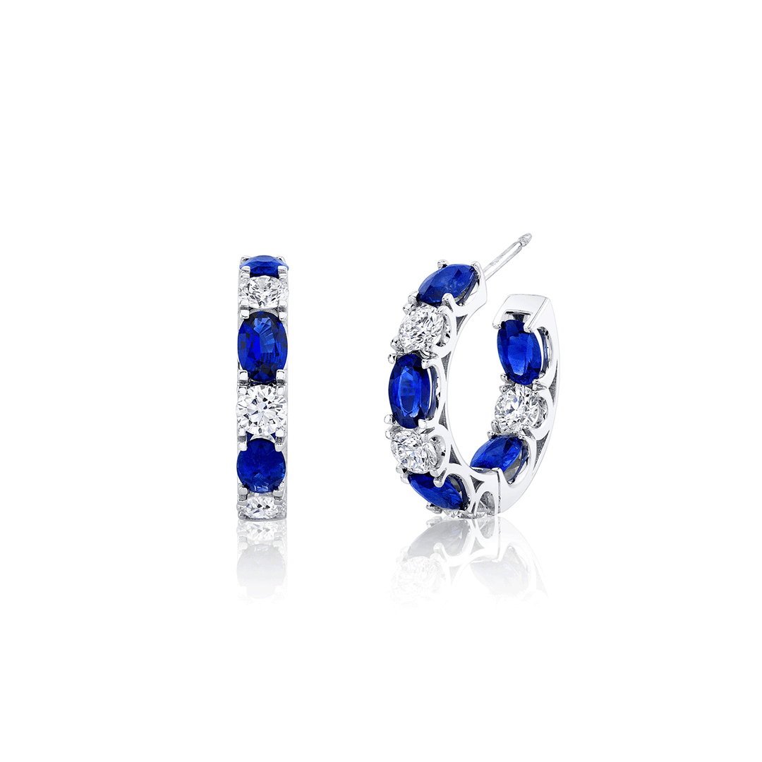 18k Gold 22mm Oval Sapphire 5.30 Total Weight and Diamond Hoops