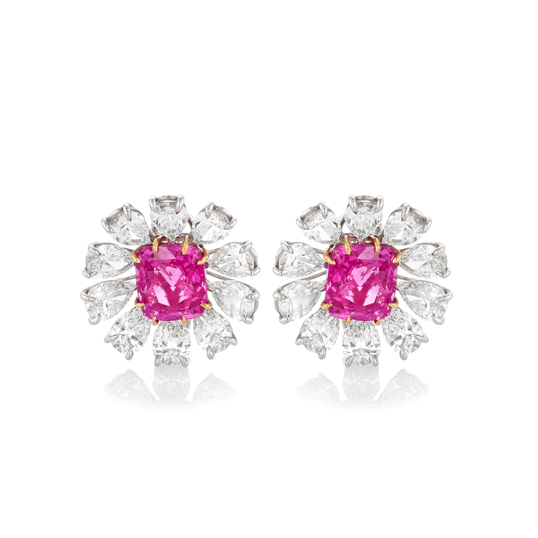 Platinum Cushion Shape Pink Sapphires 10.62 Total Weight and Diamond Earrings