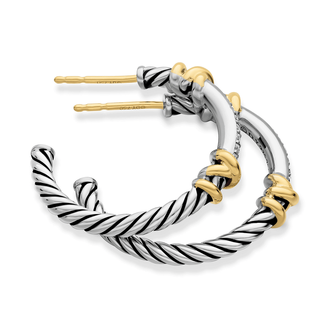 David Yurman Petite Helena Wrap Hoop Earrings Sterling Silver with 18K Yellow Gold and Diamonds, 1in