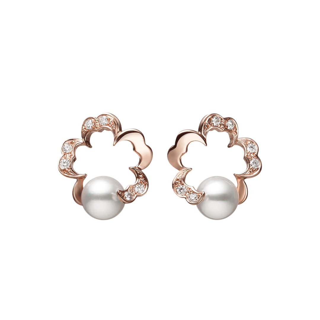 Mikimoto Cherry Blossom 18k Rose Gold Akoya Diamond Earrings
