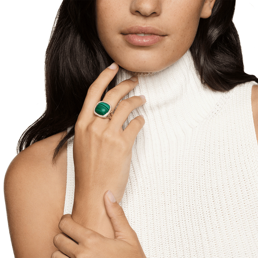 David Yurman Albion® Ring 18K Yellow Gold with Malachite and Diamonds, 15mm