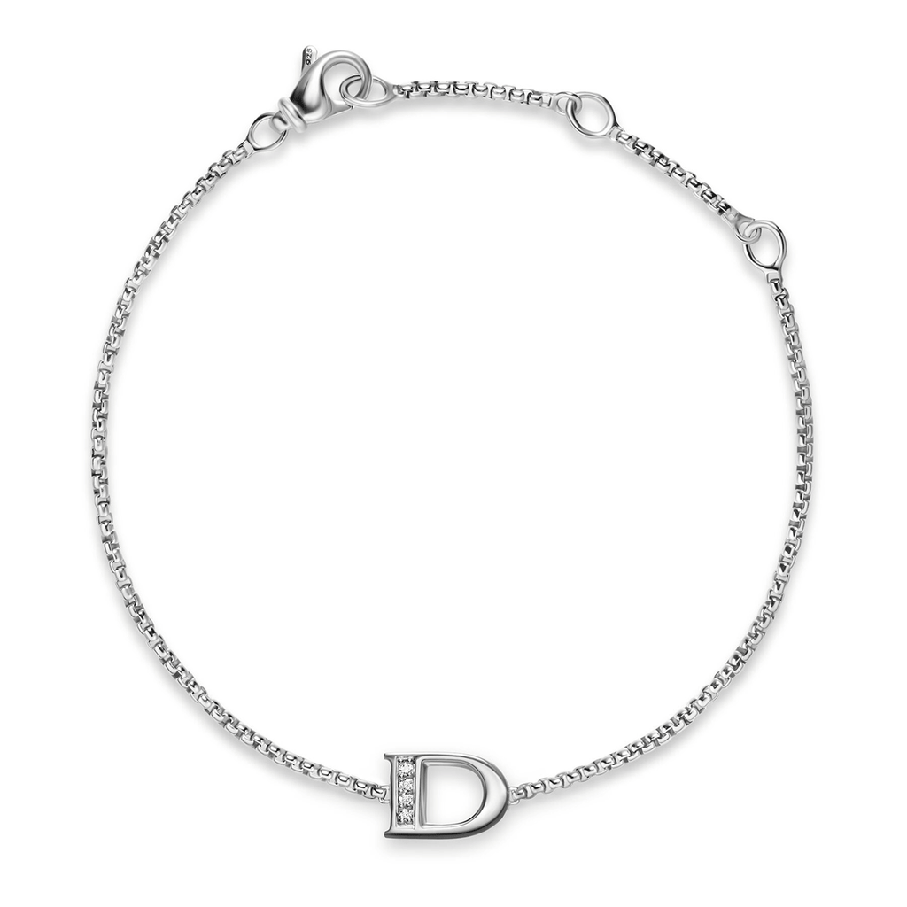 David Yurman Petite Initial Chain Bracelet Sterling Silver with Diamond D