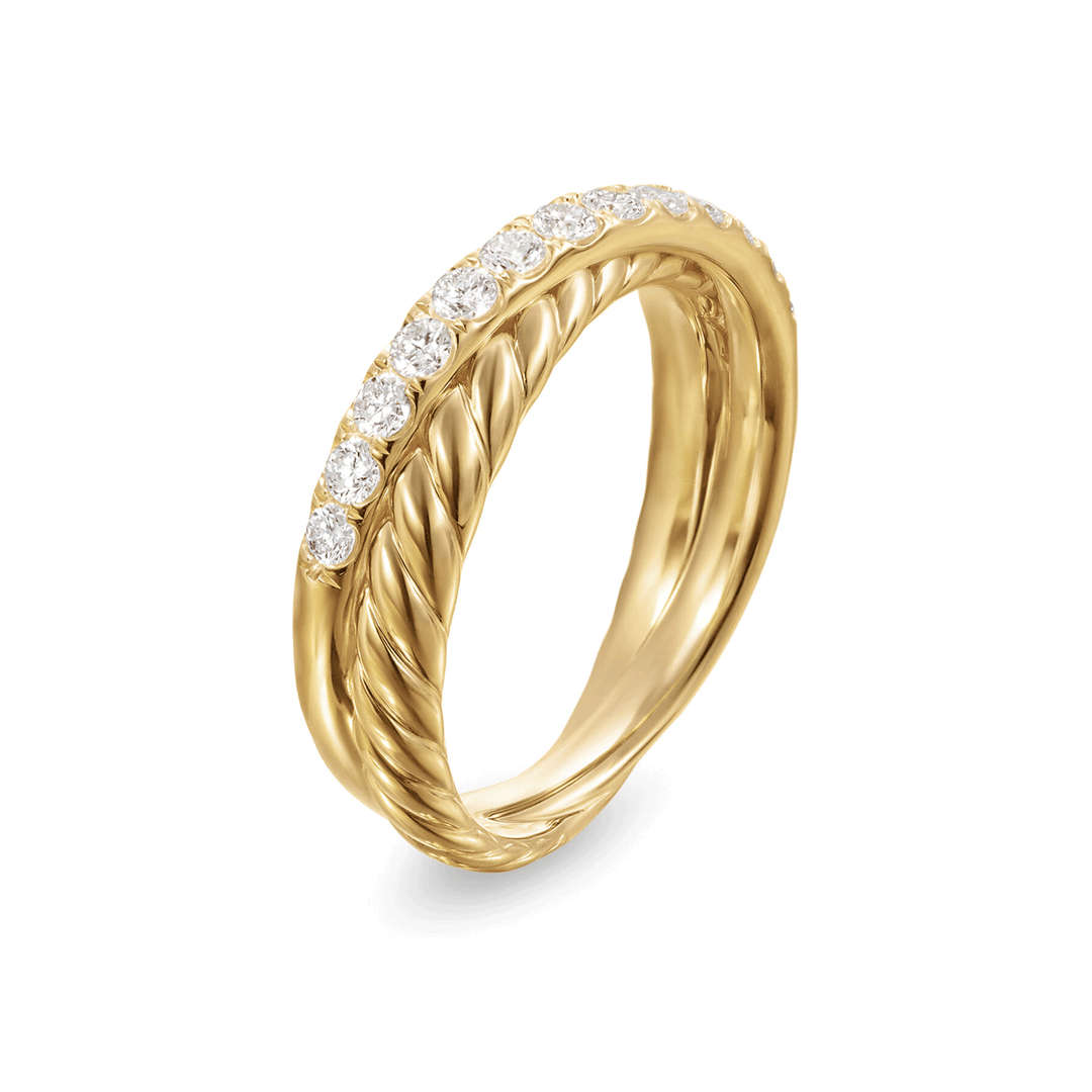 David Yurman Crossover Two Row Ring 18K Yellow Gold with Diamonds, 5mm