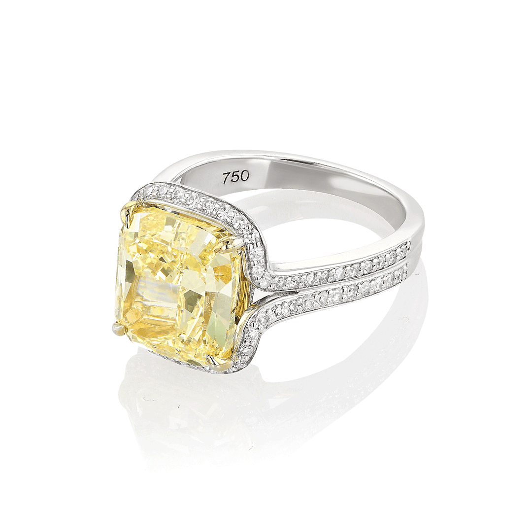 18k White Gold Yellow Gold and Cushion Cut Diamond 7.11 Total Weight Ring