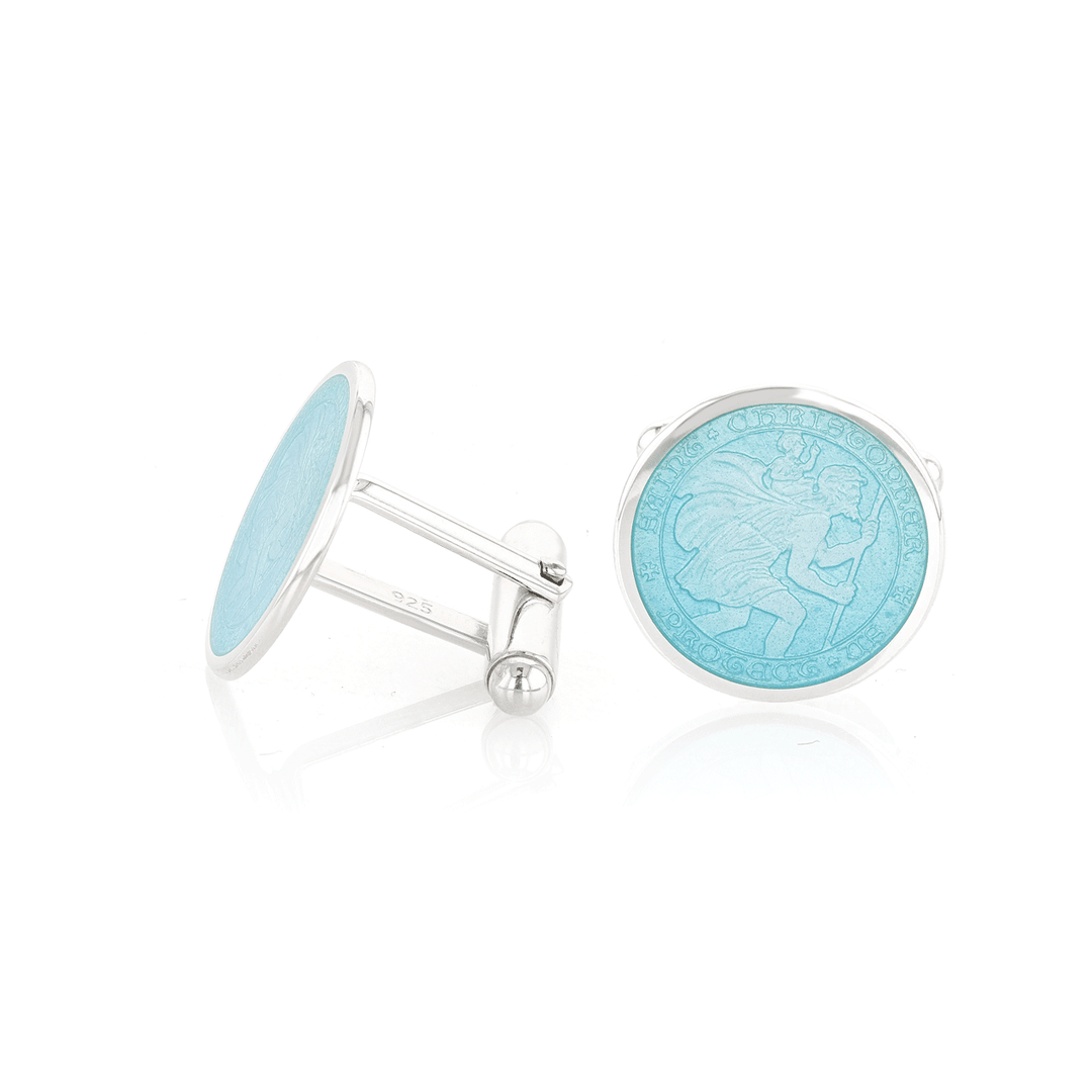 Sterling Silver and Light Blue Enamel St. Christopher Cufflinks