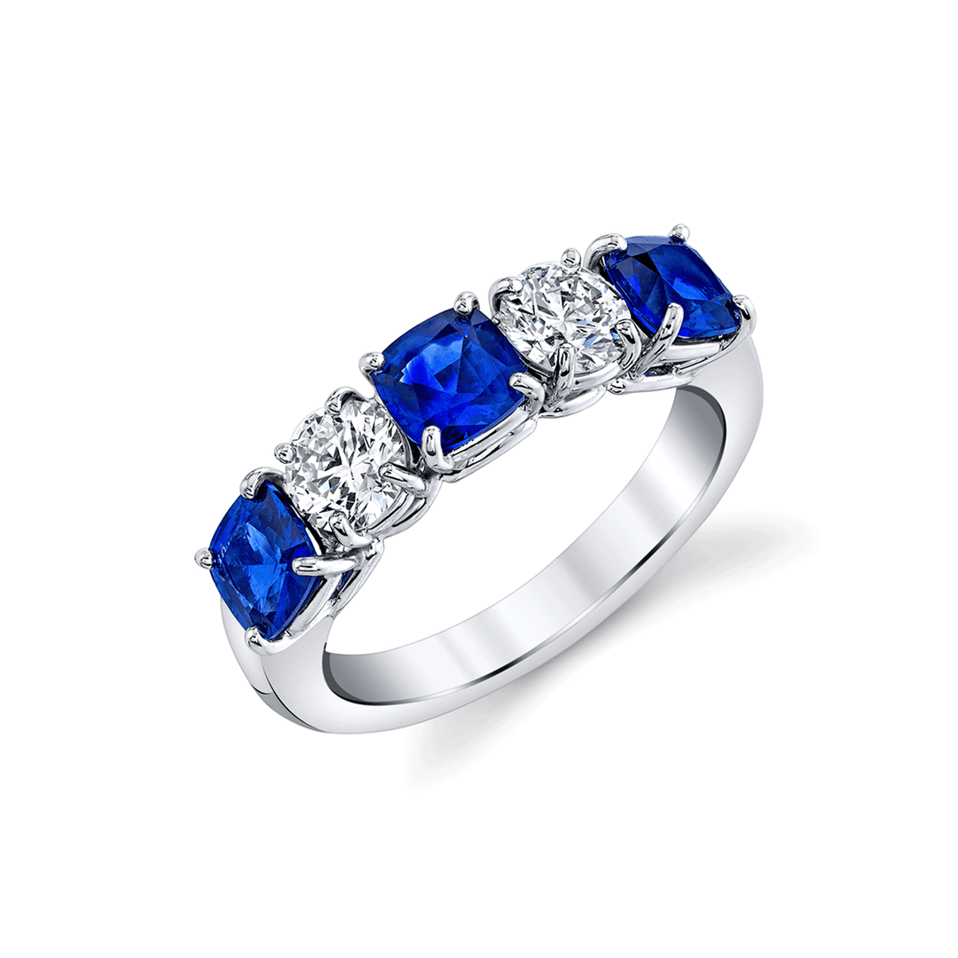 Platinum Cushion Cut Sapphire 1.73 Total Weight and Diamond Band