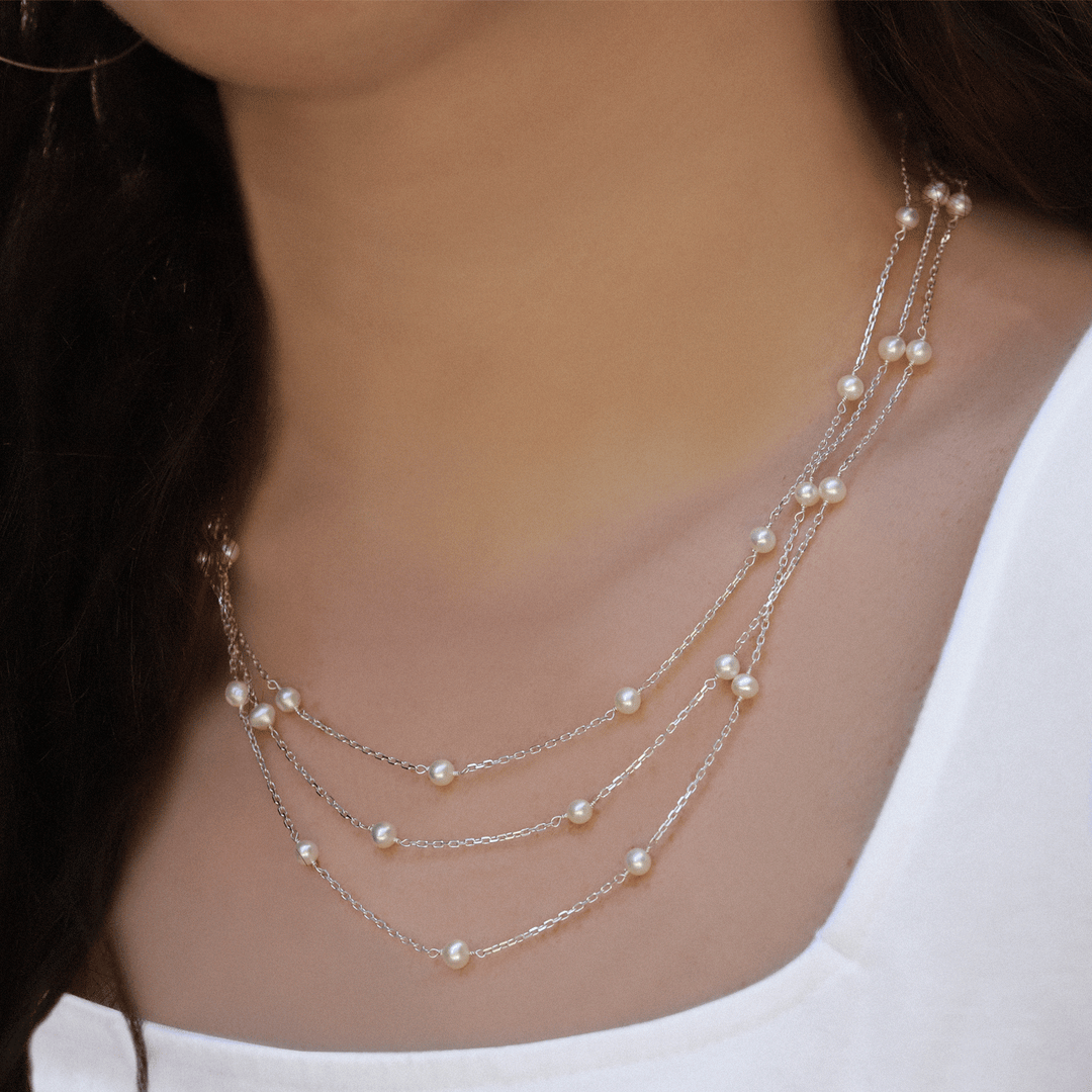 Sterling Silver and White Freshwater Pearl Three Strand Necklace