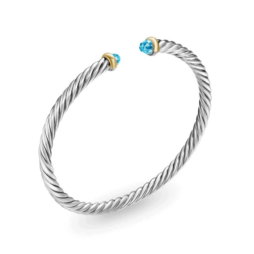 David Yurman Cable Flex Bracelet Sterling Silver with 14k Yellow Gold and Blue Topaz, 4mm