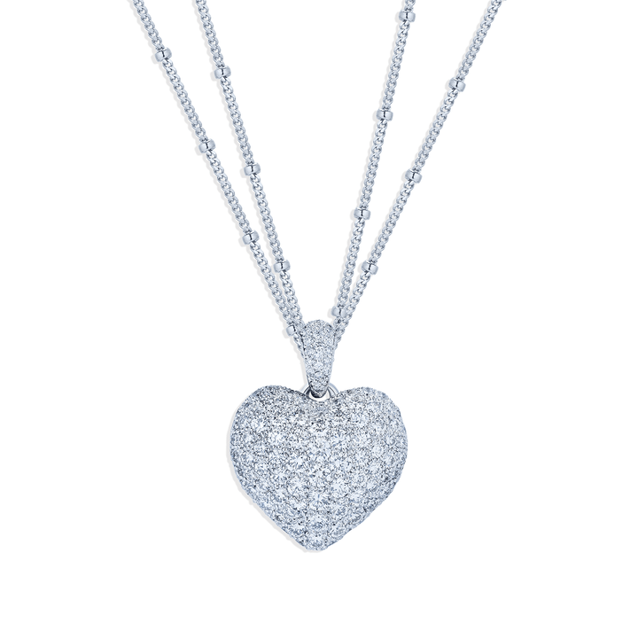 18k Gold Heart and Diamond 2.80 Total Weight Double Chain Pendant