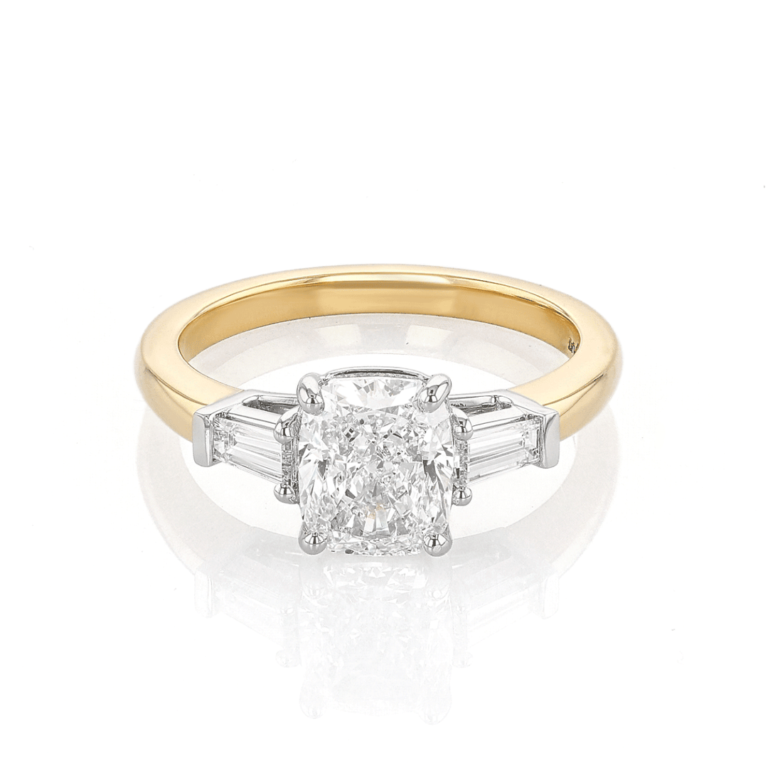 18k Yellow Gold Three Stone Cushion DIamond 2.01 Total Weight Engagement RIng