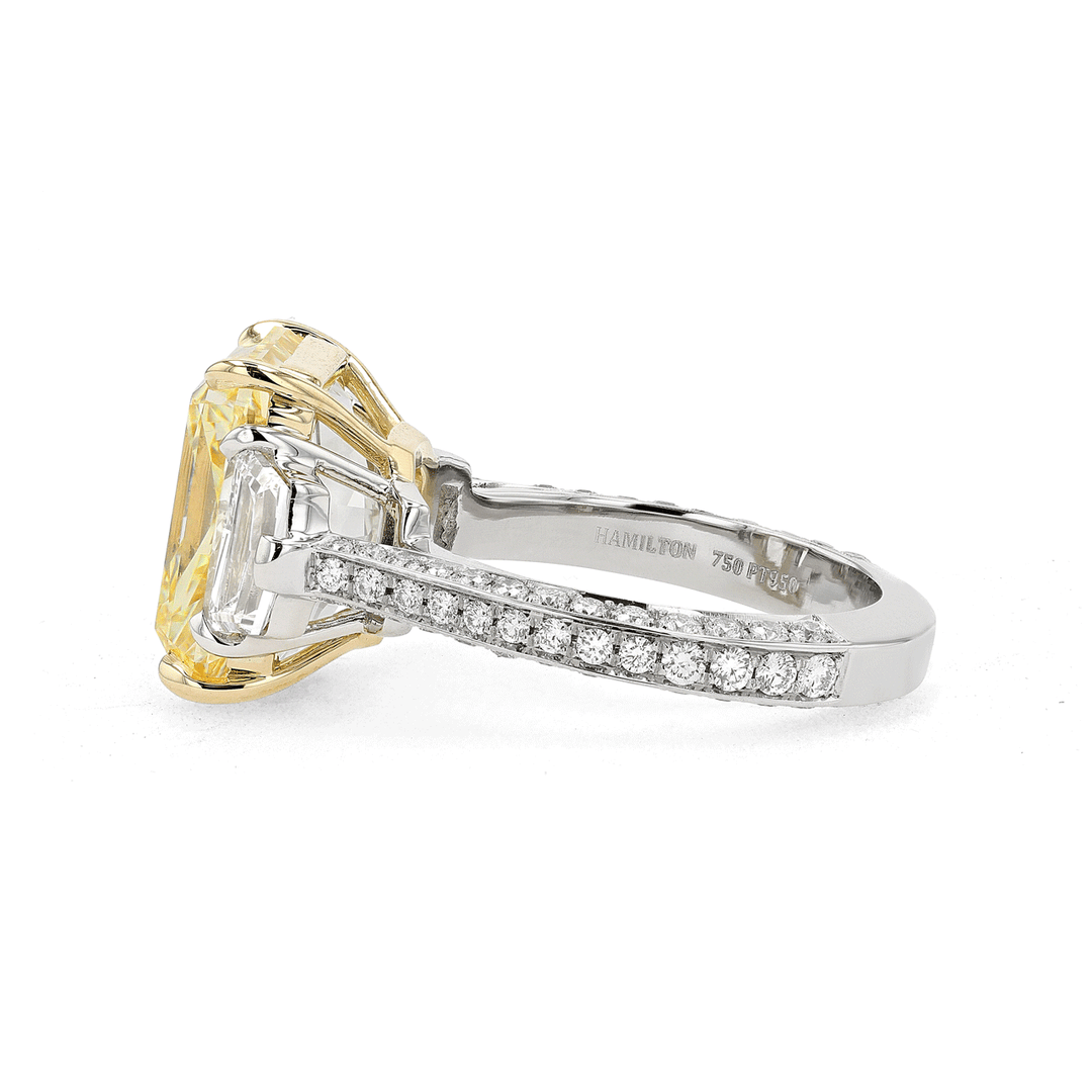 Platinum 18k Yellow Gold and 8.39 Total Weight Fancy Yellow Diamond Three Stone Ring