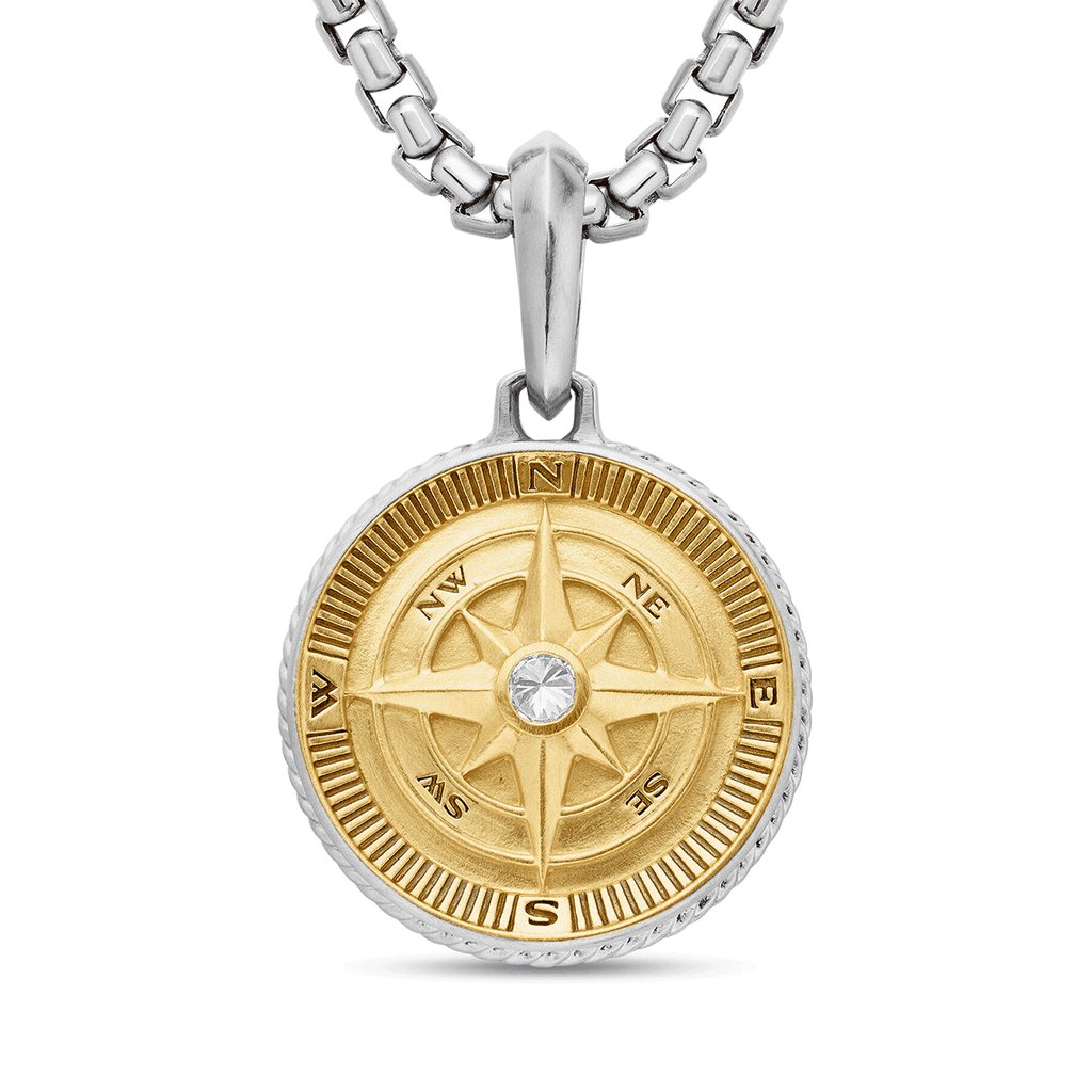 David Yurman Maritime Compass Amulet Sterling Silver with 18K Yellow Gold and Center Diamond, 20mm