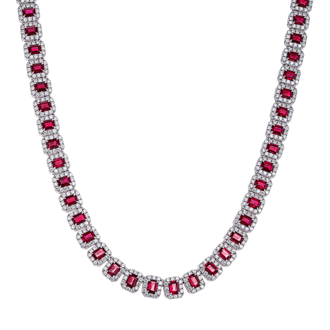 Platinum and 13.66 Total Weight Ruby Diamonds Line Necklace